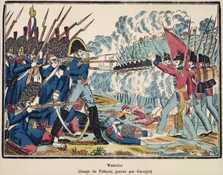 A Waterloo-i csata, 1815, vésette Francois Georgin (1801-63) az „Edition de la Revue Lorraine Illustree” kocsmából. 1912